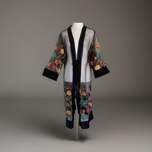 ASHA Kimono Duster Cover Up Black Sheer Floral Embroidered Midi Length One Size